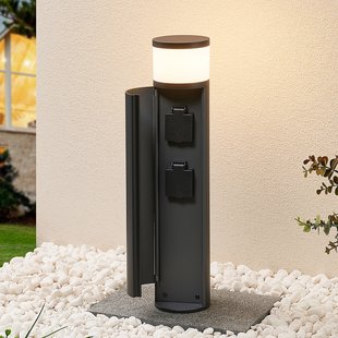 Lucande LED sokkellamp Corban, grijs, deur, stopcontacten, IP44