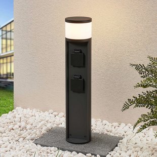 Lucande LED sokkellamp Corban, grijs, stopcontacten, IP44