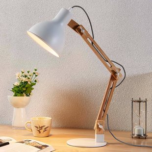 Lindby Houten bureaulamp met witte kap Shivanja