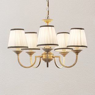 Lindby kroonluchter Lumiel, 5-lichts, crème/messing, textiel