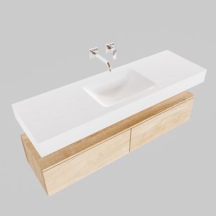 Badkamermeubel BWS Ibiza 150 cm Washed Oak Twee Soft-Close Lades Solid Surface Wastafel Mat Wit (acht varianten)