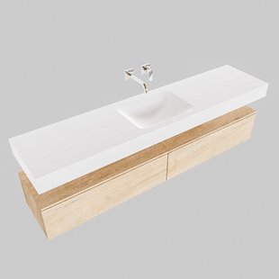 Badkamermeubel BWS Ibiza 200 cm Washed Oak Twee Soft-Close Lades Solid Surface Wastafel Mat Wit (acht varianten)