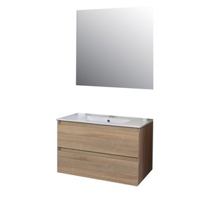 Badkamermeubel BWS Pepper Wastafel Porselein Incl Spiegel En Kraangat 80x55x46 cm Eiken