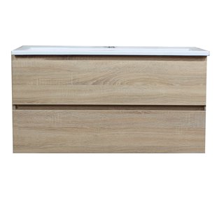 Badkamermeubel BWS Pepper Acryl Wastafel Met Kraangat Inclusief Spiegel 100x55x46 cm Eiken