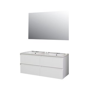 Badkamermeubel BWS Pepper Wastafel Porselein Twee Kraangaten Incl Spiegel 120x55x46 cm Wit