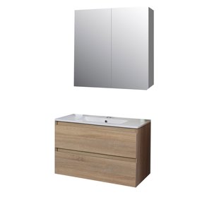 Badkamermeubel BWS Pepper Wastafel Porselein Incl Spiegelkast 2 Deurs Met 1 Krg 80x55x46 cm Eiken