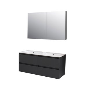 Badkamermeubel BWS Pepper Wastafel Porselein 2 Kraangaten Spiegelkast 120x55x46 cm Antraciet