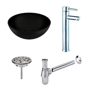 Waskomset BWS Rond 26x12 cm Keramiek Mat Zwart / Chroom (inclusief kraan, afvoer en sifon)