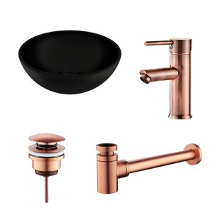 Waskomset BWS Rond 26x12 cm Keramiek Mat Zwart / Koper (inclusief kraan, afvoer en sifon)