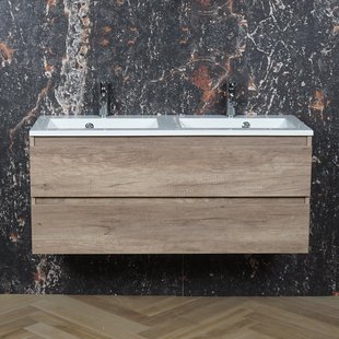 ACTIE BWS Badmeubel | Paris | Canyon Oak 120 cm | Hoogglans Wit Wastafel | 2 Kraangaten