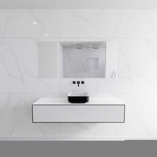 Badkamermeubelset Mondiaz LAGOM 150 cm Topblad met Gecentreerde Wastafel Solid Surface Opzetkom Binx Zonder Kraangaten Mat Zwart (1 lade)