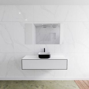 Badkamermeubelset Mondiaz LAGOM 130 cm Topblad met Gecentreerde Wastafel Solid Surface Opzetkom Binx met 1 Kraangat Mat Zwart (1 lade)