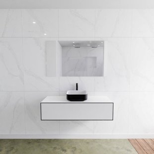 Badkamermeubelset Mondiaz LAGOM 120 cm Topblad met Gecentreerde Wastafel Solid Surface Opzetkom Binx met 1 Kraangat Mat Zwart (1 lade)