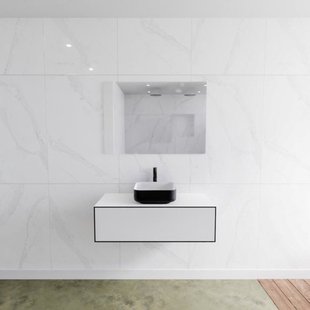 Badkamermeubelset Mondiaz LAGOM 100 cm Topblad met Gecentreerde Wastafel Solid Surface Opzetkom Binx met 1 Kraangat Mat Zwart (1 lade)