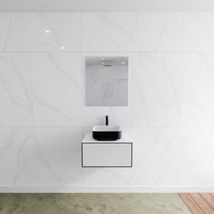 Badkamermeubelset Mondiaz LAGOM 60 cm Topblad met Gecentreerde Wastafel Solid Surface Opzetkom Binx met 1 Kraangat Mat Zwart (1 lade)