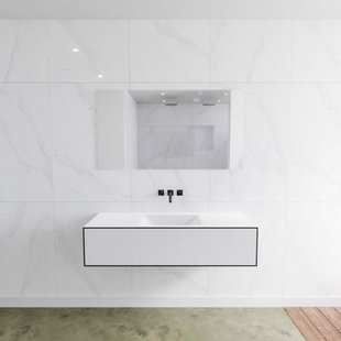 Badkamermeubelset Mondiaz LAGOM 130 cm met Gecentreerde Wastafel Solid Surface Zonder Kraangaten Mat Wit (1 lade)