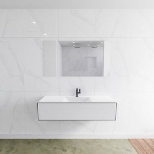 Badkamermeubelset Mondiaz LAGOM 130 cm met Gecentreerde Wastafel Solid Surface Met 1 Kraangat Mat Wit (1 lade)