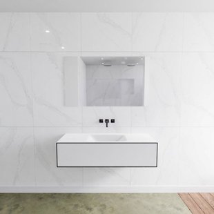 Badkamermeubelset Mondiaz LAGOM 120 cm met Gecentreerde Wastafel Solid Surface Zonder Kraangaten Mat Wit (1 lade)