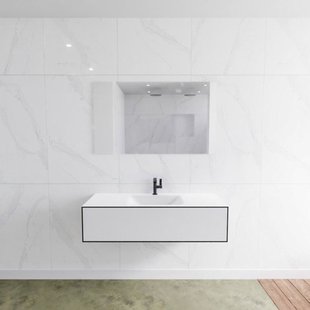 Badkamermeubelset Mondiaz LAGOM 120 cm met Gecentreerde Wastafel Solid Surface Met 1 Kraangat Mat Wit (1 lade)