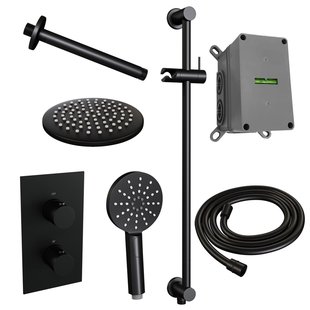 Inbouw Regendouche Set Brauer Black Edition Plafond Uitloop Ronde Hoofddouche 20 cm Met Glijstang en Handdouche 3 Standen Mat Zwart