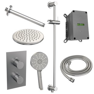 Inbouw Regendouche Set Brauer Brushed Edition Plafond Uitloop Ronde Hoofddouche 20 cm Met Handdouche 3 Standen en Glijstang RVS Look