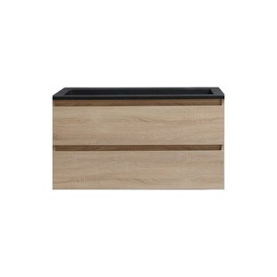 Badkamermeubel BWS Pepper Acryl Wastafel Mat Zwart Met 2 Kraangaten 100x55x46 cm Eiken