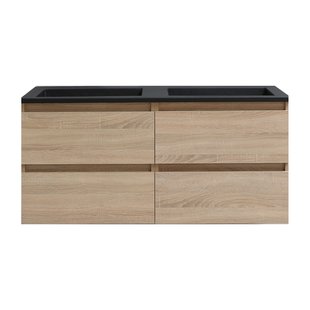 Badkamermeubel BWS Pepper Acryl Wastafel Mat Zwart Met 2 Kraangaten 120x55x46 cm Eiken