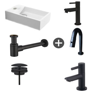 Fonteinpack Solid Surface Links Mat Wit 40x22x10 cm (Keuze uit 4 zwarte kranen)