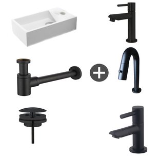 Fonteinpack Solid Surface Rechts Mat Wit 40x22x10 cm (Keuze uit 4 zwarte kranen)