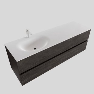 Badkamermeubel Solid Surface BWS Stockholm 150x46 cm Links Wood Dark Brown (met 1 kraangat)