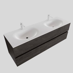 Badkamermeubel Solid Surface BWS Stockholm 150x46 cm Dubbel Wood Dark Brown (2 kraangaten)