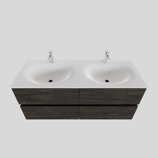 Badkamermeubel Solid Surface BWS Stockholm 120x46 cm Dubbel Wood Dark Brown 4 Laden (2 kraangaten)
