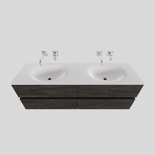 Badkamermeubel Solid Surface BWS Stockholm 150x46 cm Dubbel Wood Dark Brown 4 Laden (0 kraangaten)