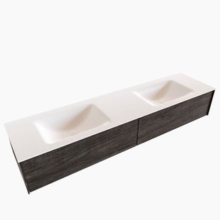 Badkamermeubel BWS Madrid Dark Brown 180x45x30 cm Mat Witte Solid Surface Wastafel Dubbel (2 lades, 2 kraangaten)