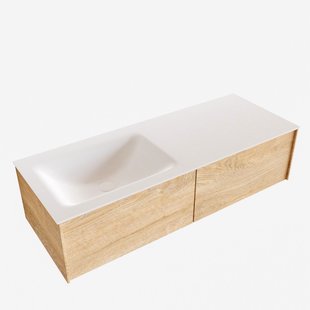 Badkamermeubel BWS Madrid Washed Oak 120x45x30 cm Mat Witte Solid Surface Wastafel Links (2 lades, 0 kraangaten)