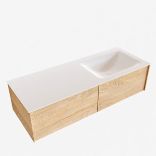 Badkamermeubel BWS Madrid Washed Oak 120x45x30 cm Mat Witte Solid Surface Wastafel Rechts (2 lades, 0 kraangaten)