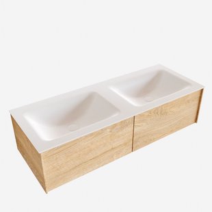 Badkamermeubel BWS Madrid Washed Oak 120x45x30 cm Mat Witte Solid Surface Wastafel Dubbel (2 lades, 2 kraangaten)