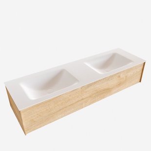 Badkamermeubel BWS Madrid Washed Oak 150x45x30 cm Mat Witte Solid Surface Wastafel Dubbel (2 kraangaten)