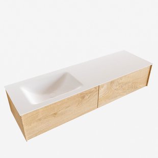 Badkamermeubel BWS Madrid Washed Oak 150x45x30 cm Mat Witte Solid Surface Wastafel Links (2 lades, 1 kraangat)