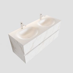 Badkamermeubel BWS Madrid Carrara Mat 120 cm Solid Surface Wastafel Dubbel (2 kraangaten, 2 lades)