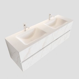 Badkamermeubel BWS Valencia Carrara Mat 150 cm Solid Surface Wastafel Rechthoekige Wasbak Dubbel (2 kraangaten, 4 lades)