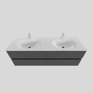 Badkamermeubel Solid Surface BWS Stockholm 200x46 cm Mat Antraciet Wasbak Dubbel (2 kraangaten, 4 lades)