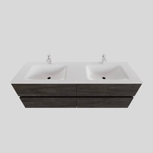 Badkamermeubel Solid Surface BWS Stockholm 200x46 cm Wood Dark Brown Wasbak Dubbel (2 kraangaten, 4 lades)