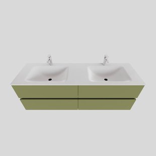 Badkamermeubel Solid Surface BWS Oslo 200x46 cm Mat Groen Wasbak Dubbel (2 kraangaten, 4 lades)