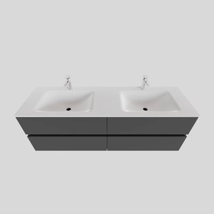 Badkamermeubel Solid Surface BWS Oslo 200x46 cm Mat Antraciet Wasbak Dubbel (2 kraangaten, 4 lades)