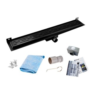 Mat Zwarte RVS Douchegoot Muurflens met uitneembaar sifon 60x7cm 6,7cm diep Mat Zwart