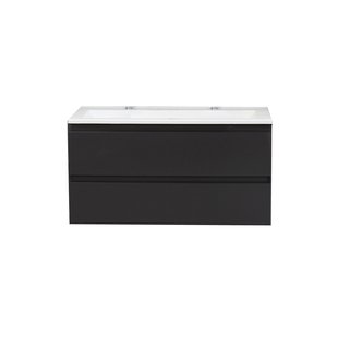 Badkamermeubel BWS Pepper Acryl Wastafel Twee Kraangaten Incl Spiegel 100x55x46 cm Antraciet