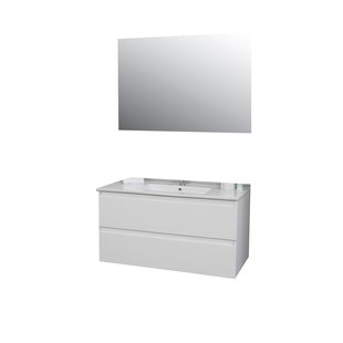 Badkamermeubel BWS Pepper Wastafel Porselein Incl Spiegel En Kraangat 100x55x46 cm Wit
