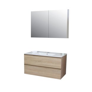 Badkamermeubel BWS Pepper Wastafel Porselein Incl Spiegelkast 2 Deurs Met 1 Krg 100x55x46 cm Eiken