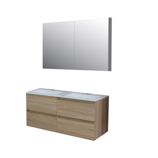 Badkamermeubel BWS Pepper Wastafel Acryl Incl Spiegelkast 2 Deurs Met 2 Krgtn 120x55x46 cm Eiken